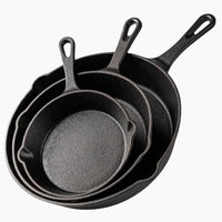 Set of 3 black cast iron skillet pans in sizes 15cm, 20cm and 25cm