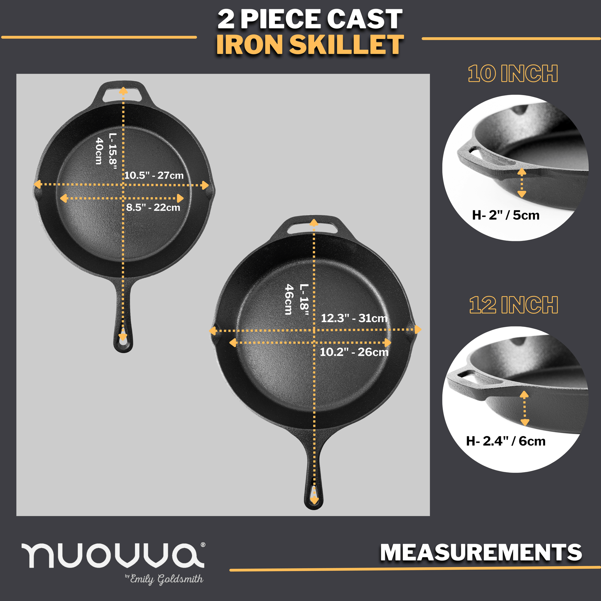 Nuovva 2pcs cast iron skillet set in 10 and 12 inches 