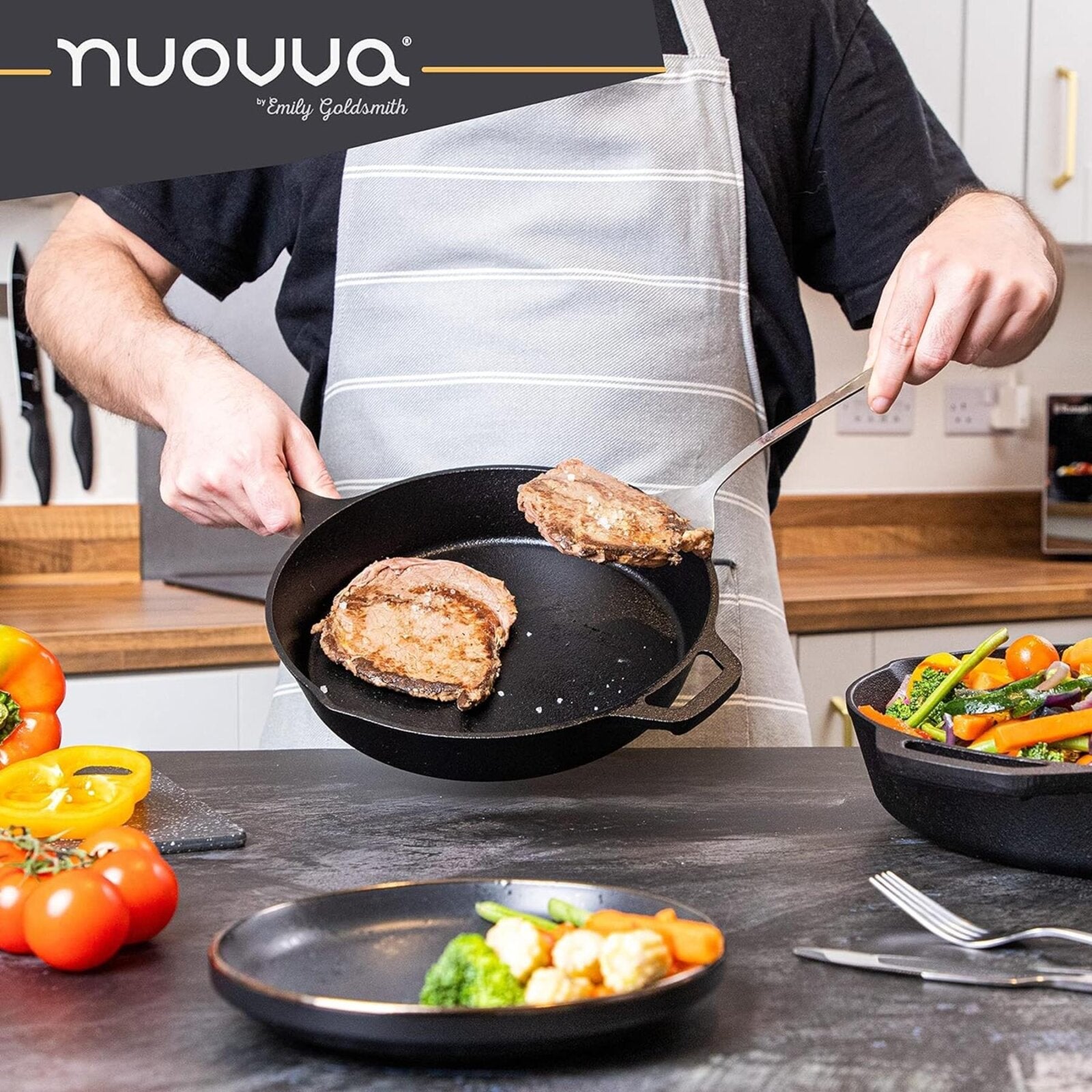 Nuovva cast iron skillet frying pans with handle.  