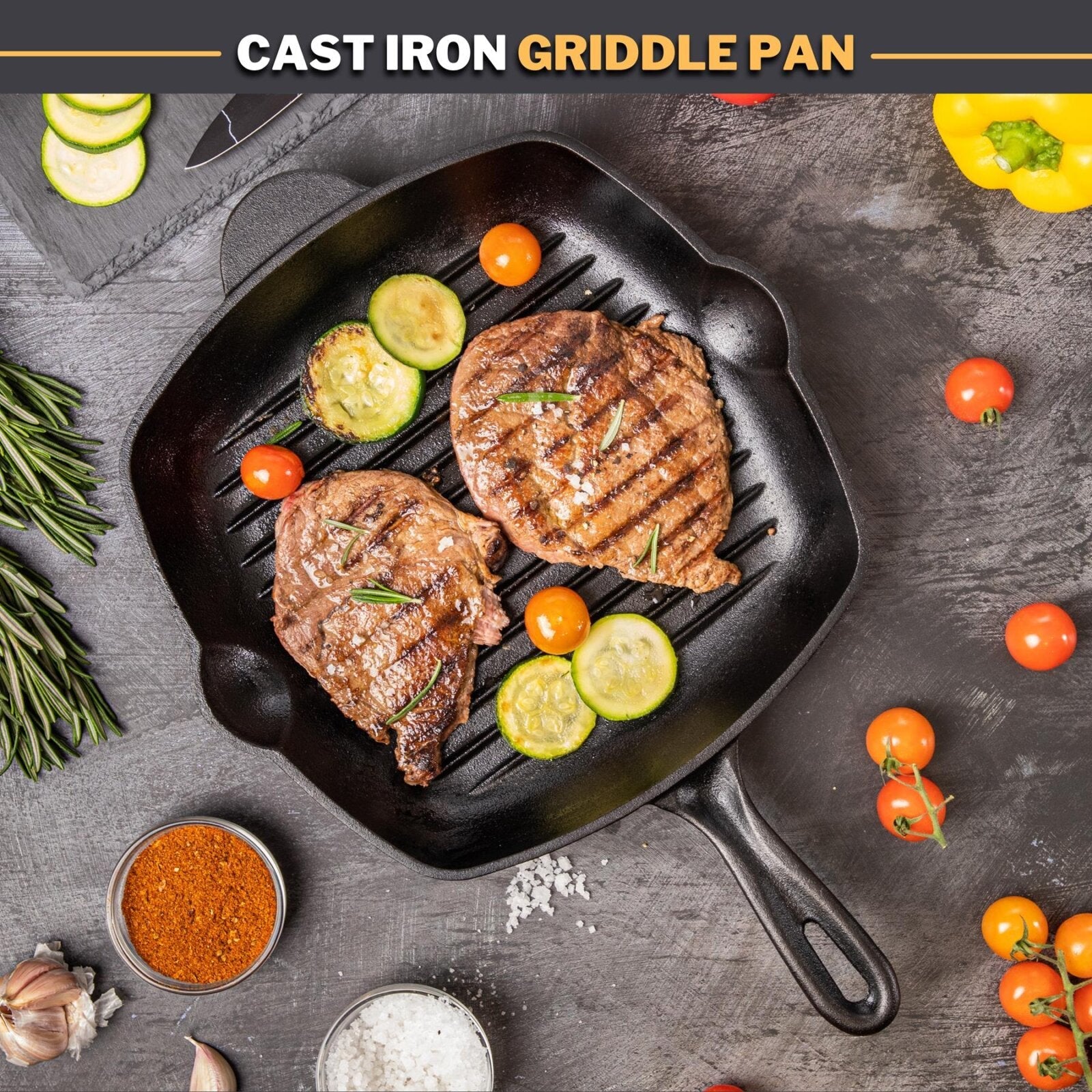 Nuovva square cast iron griddle pan with handles and ridges for easy cooking