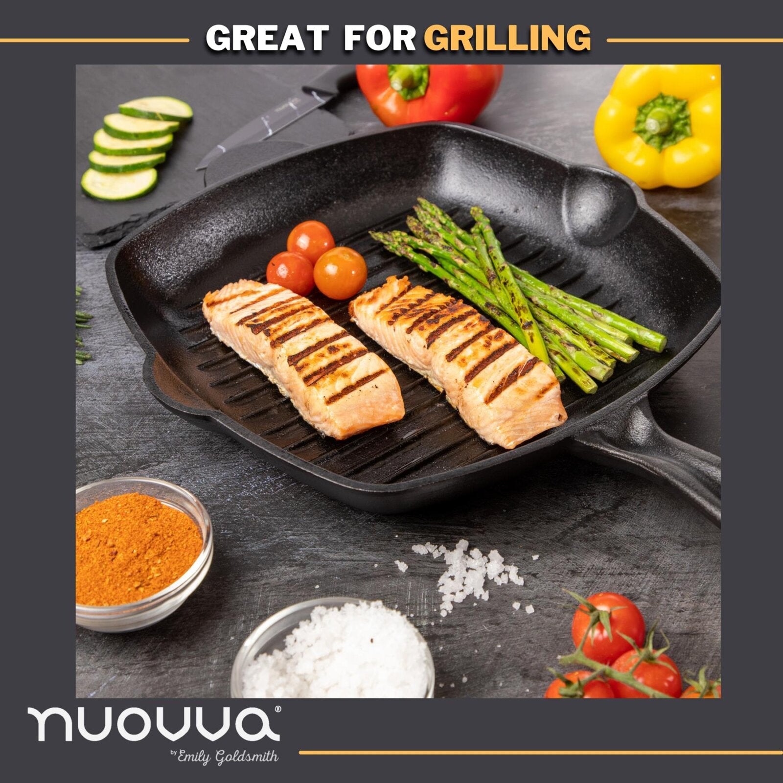 Nuovva square cast iron griddle pan is great for grilling. 