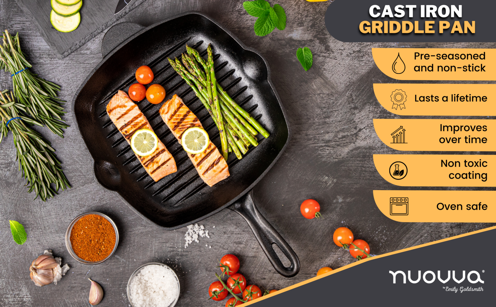 Nuovva oven-safe cast iron griddle pan lasts a lifetime, improves over time and features a non-toxic non-stick pre-seasoned coating. 