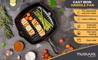 Nuovva oven-safe cast iron griddle pan lasts a lifetime, improves over time and features a non-toxic non-stick pre-seasoned coating. 