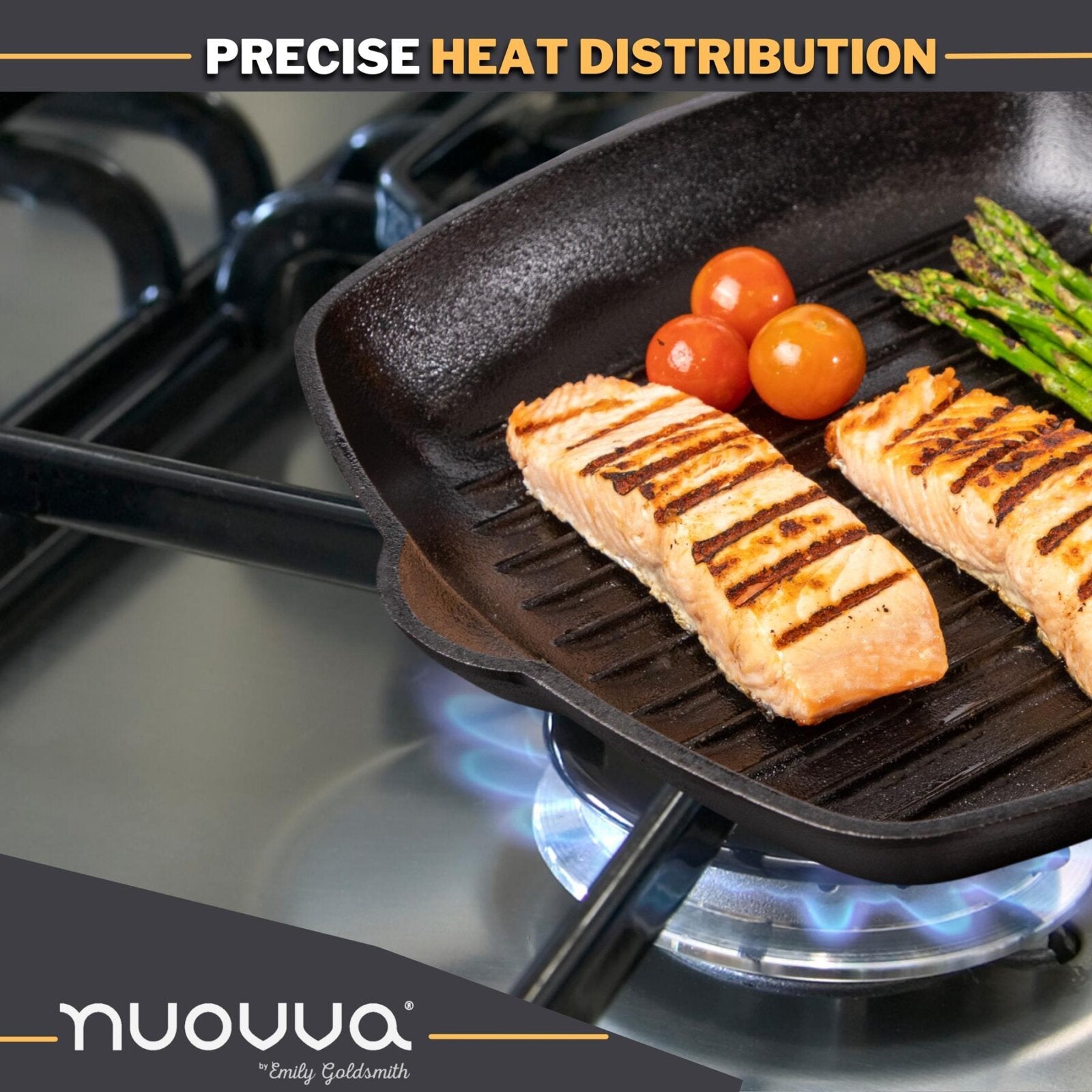 Nuovva square cast iron griddle pan with precise heat distribution