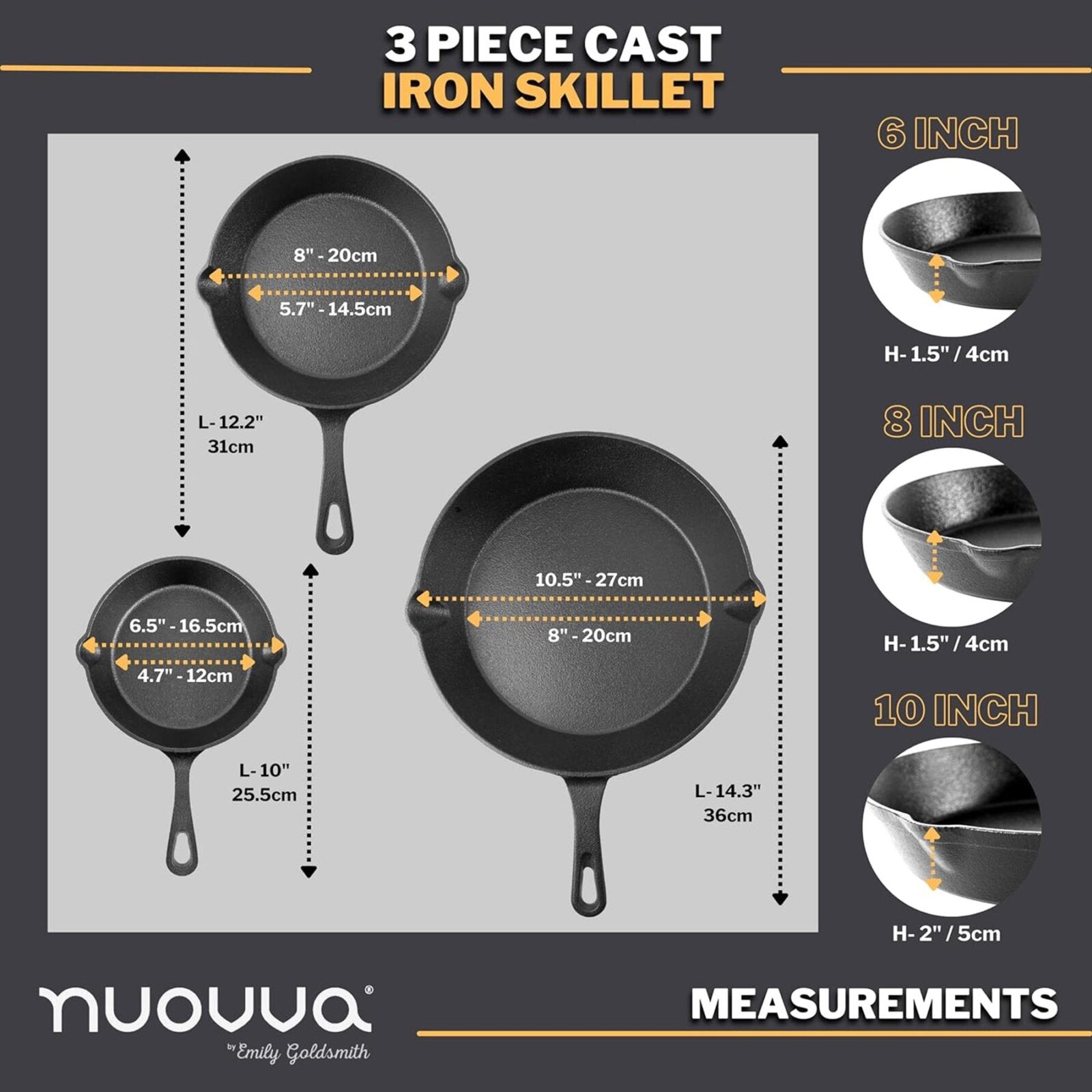 3 pieces cast iron skillet set in 6inch, 8inch and 10inch with hole in the handle for hanging. 