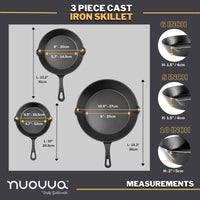3 pieces cast iron skillet set in 6inch, 8inch and 10inch with hole in the handle for hanging. 