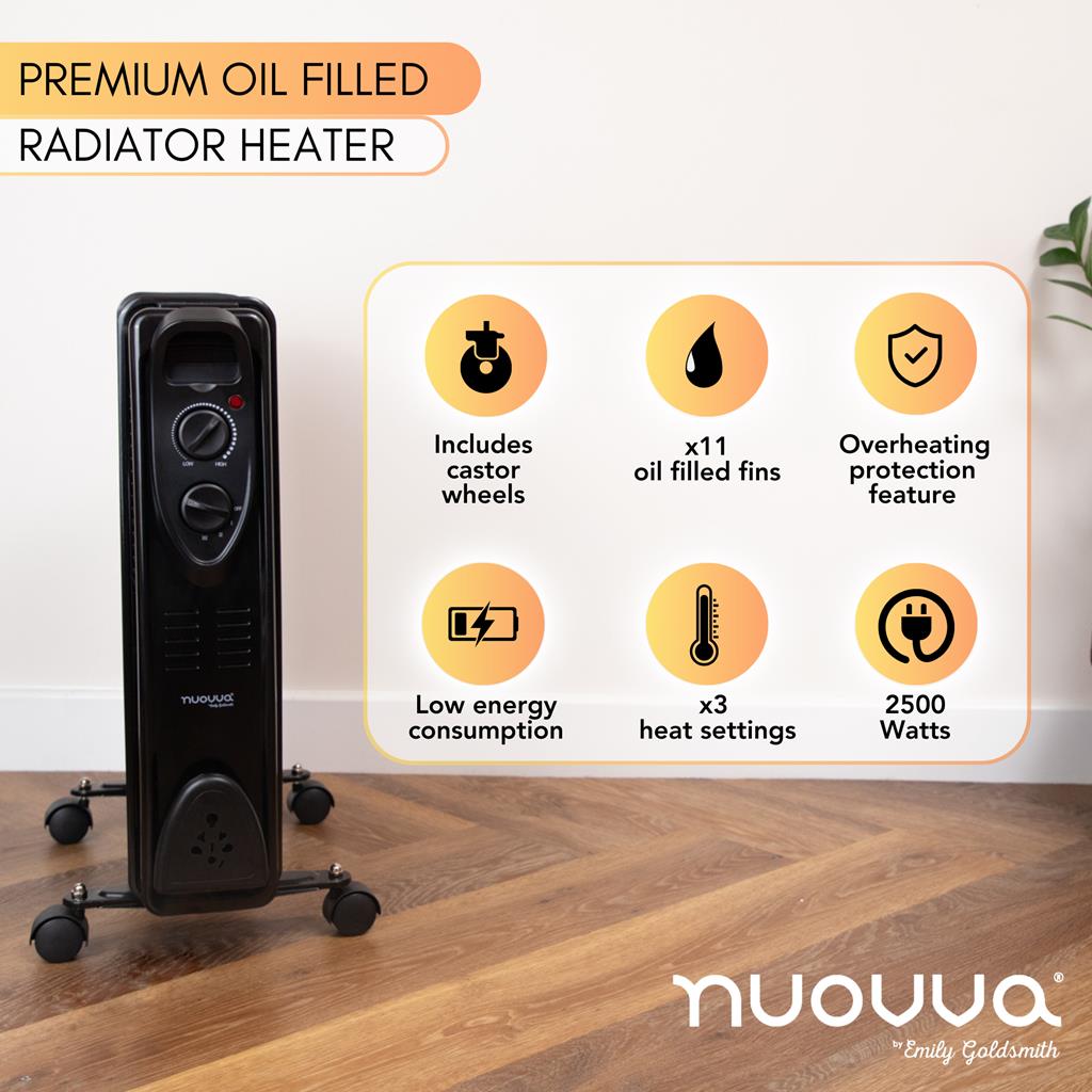 Premium oil-filled radiator heater with wheels for portable heating, with low energy consumption and overheating protection settings. 
