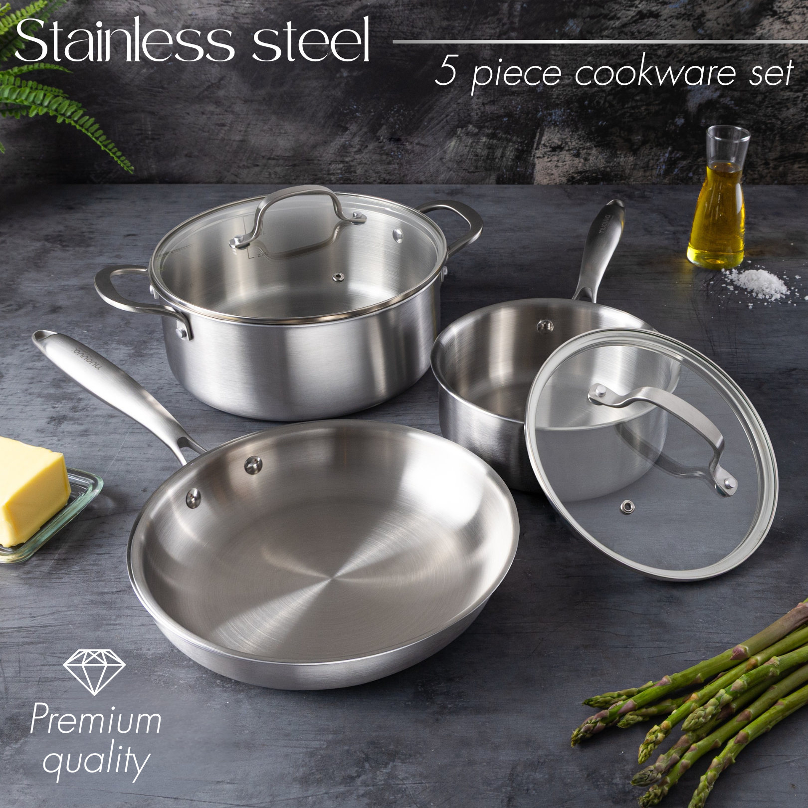Premium quality stainless steel cookware set including casserole pot, saucepan with lid and frying pan. 