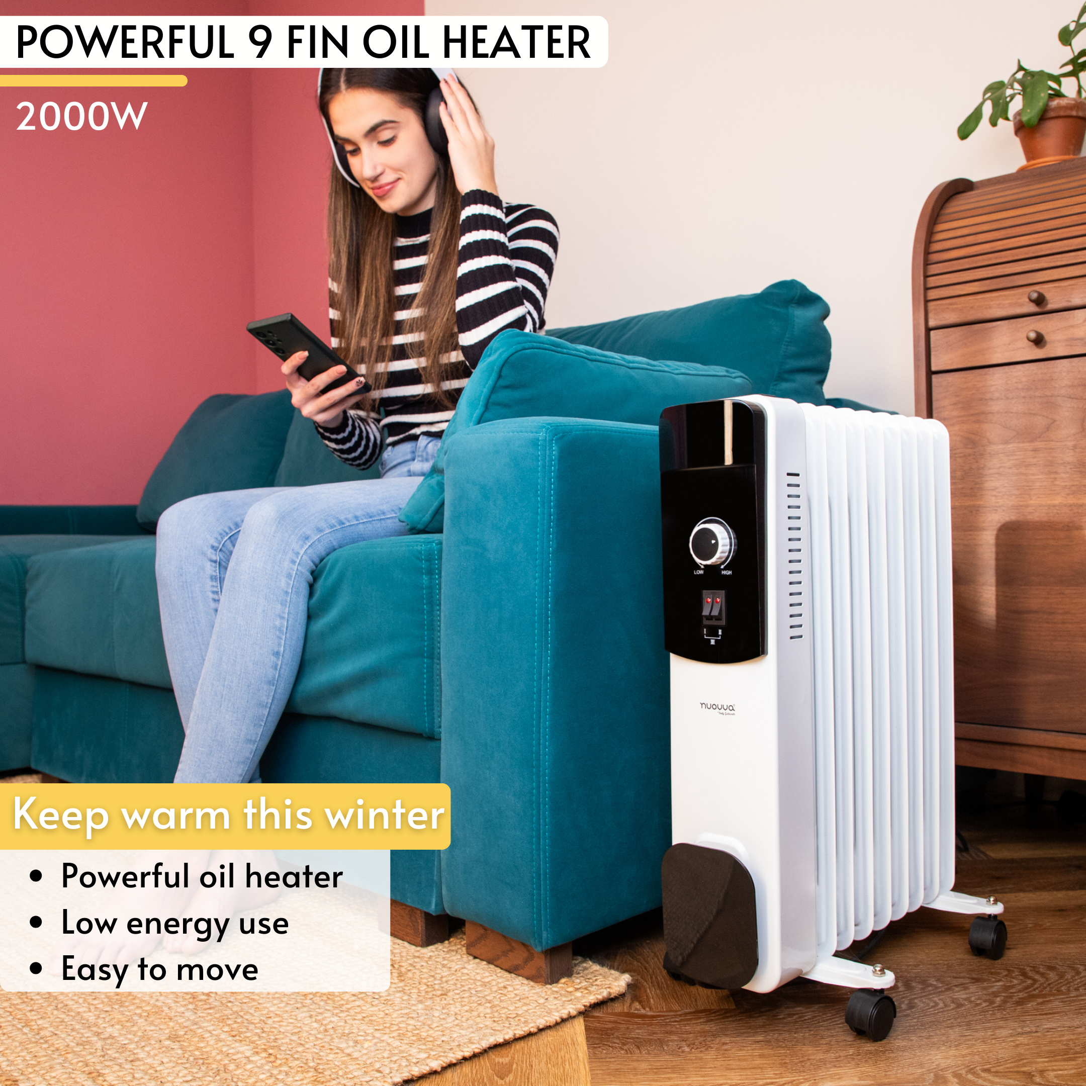 Powerful 9-fin oil filled radiate heater with wheels for portable home heating. 