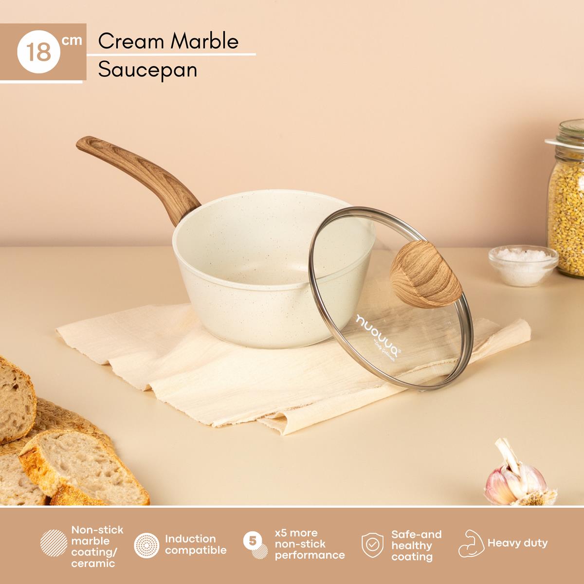 Non-stick 18cm cream marble induction saucepan with glass lid. 