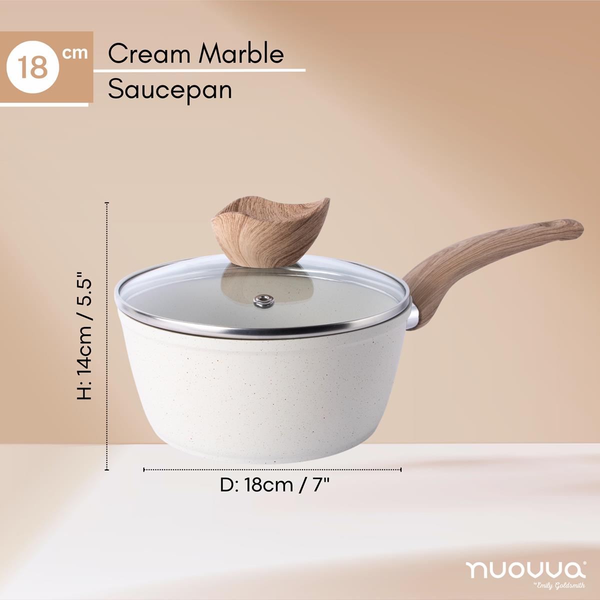 Cream marble saucepan 18cm with wooden handle and glass handle. 