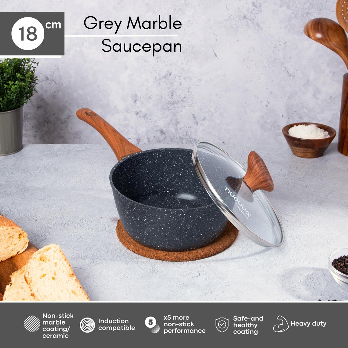 18cm grey marble induction saucepan with safe and healthy ceramic coating. 