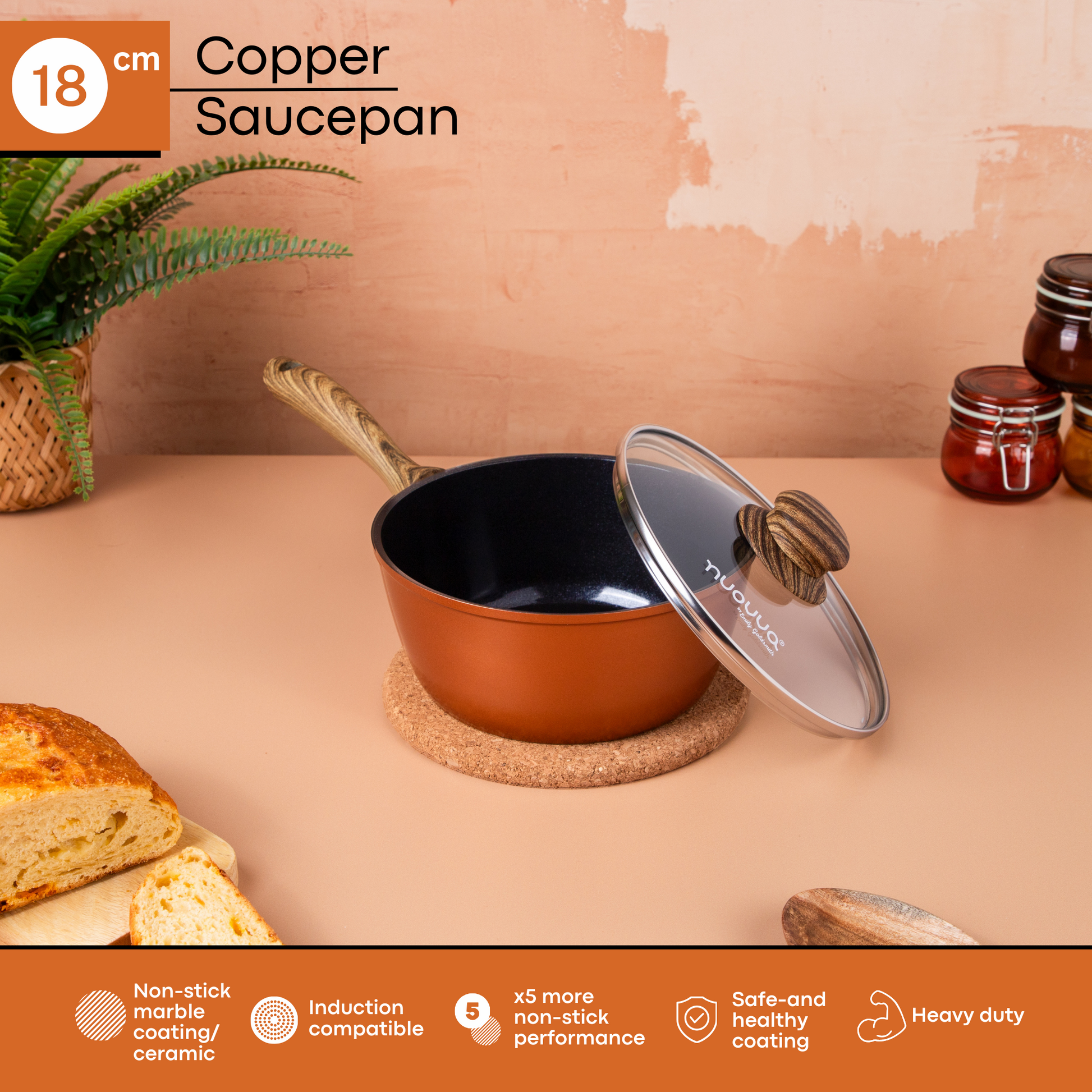 18cm copper induction saucepan with non-stick ceramic coating for non-stick healthy cooking