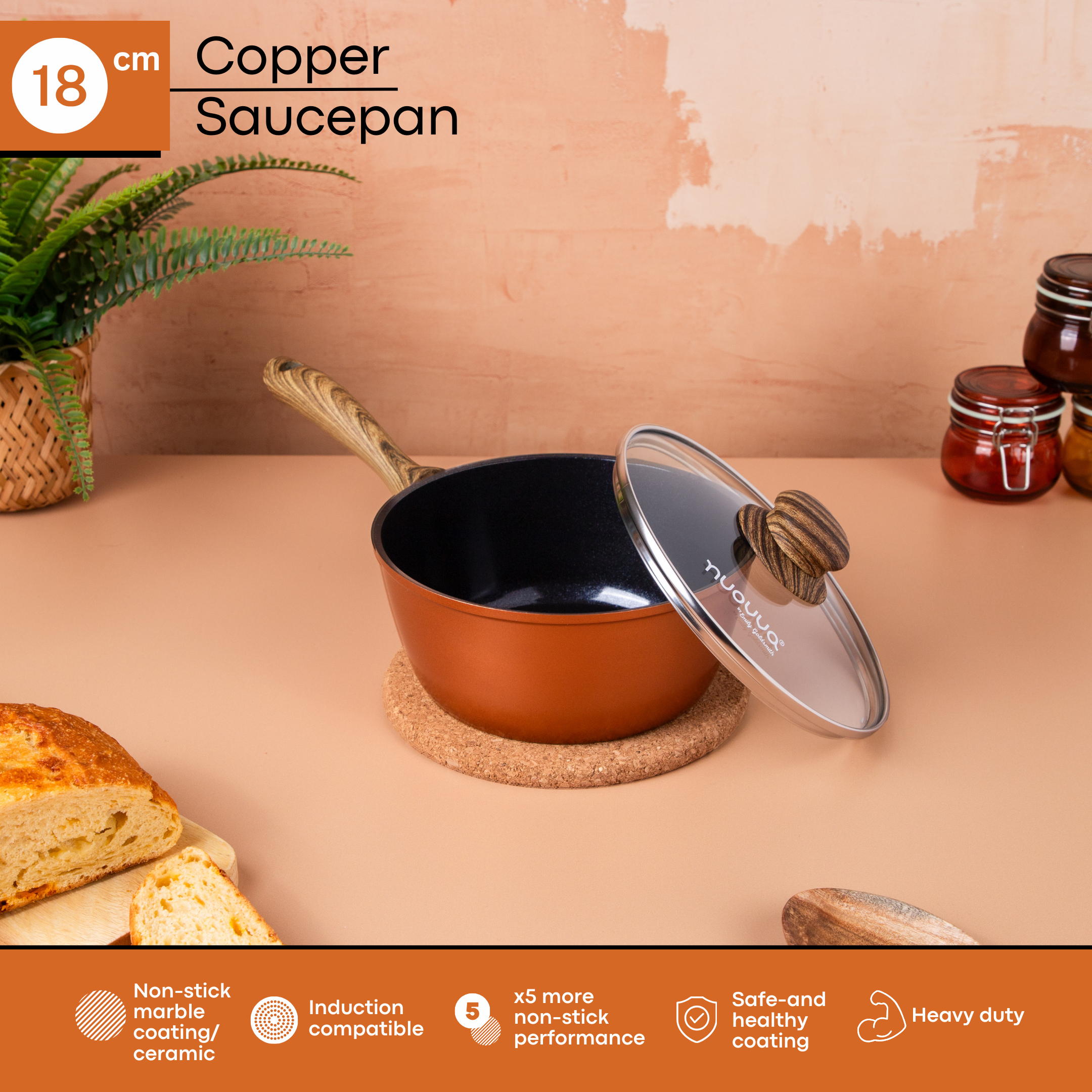 18cm copper induction saucepan with non-stick ceramic coating for non-stick healthy cooking