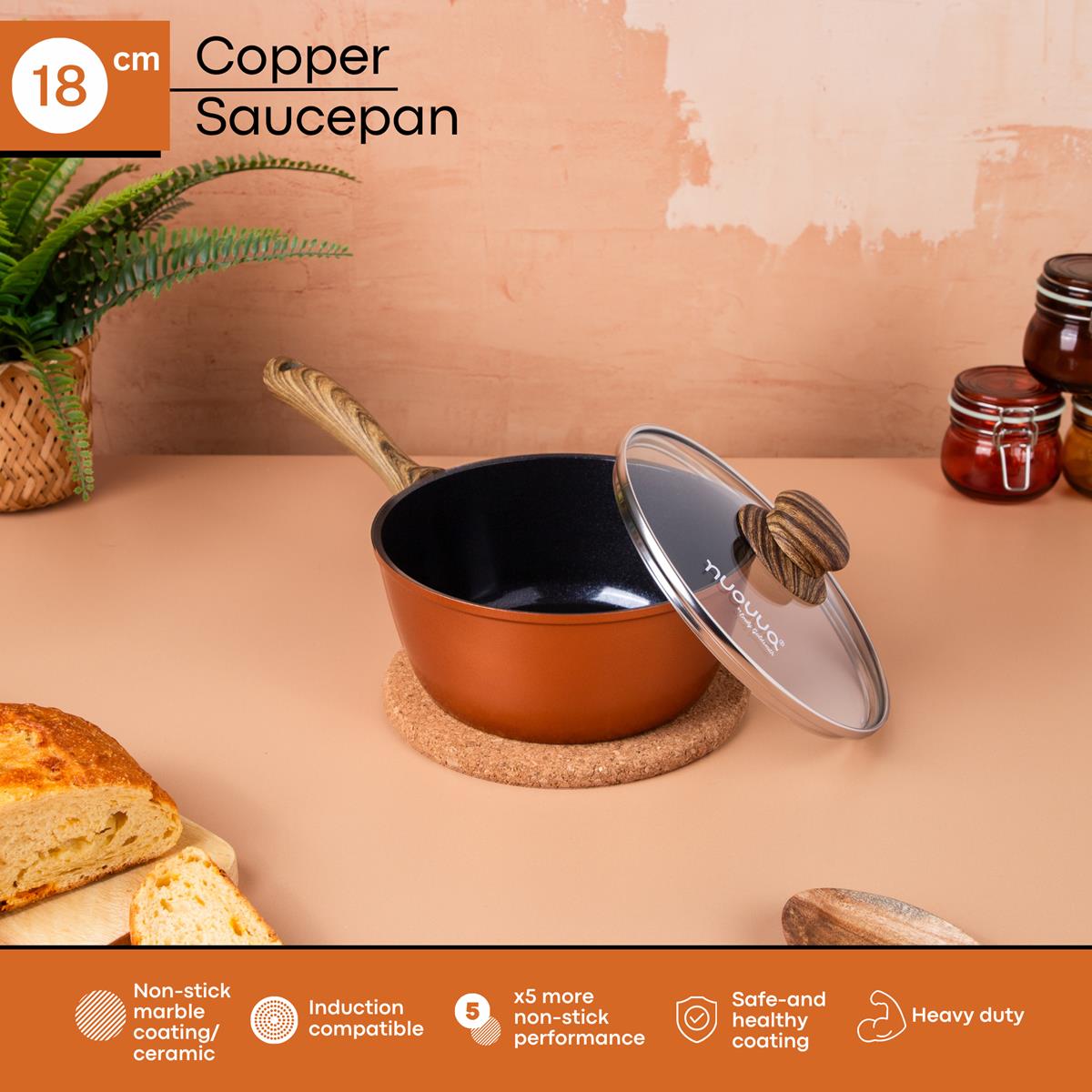 18cm copper saucepan with glass lid and induction compatible surface