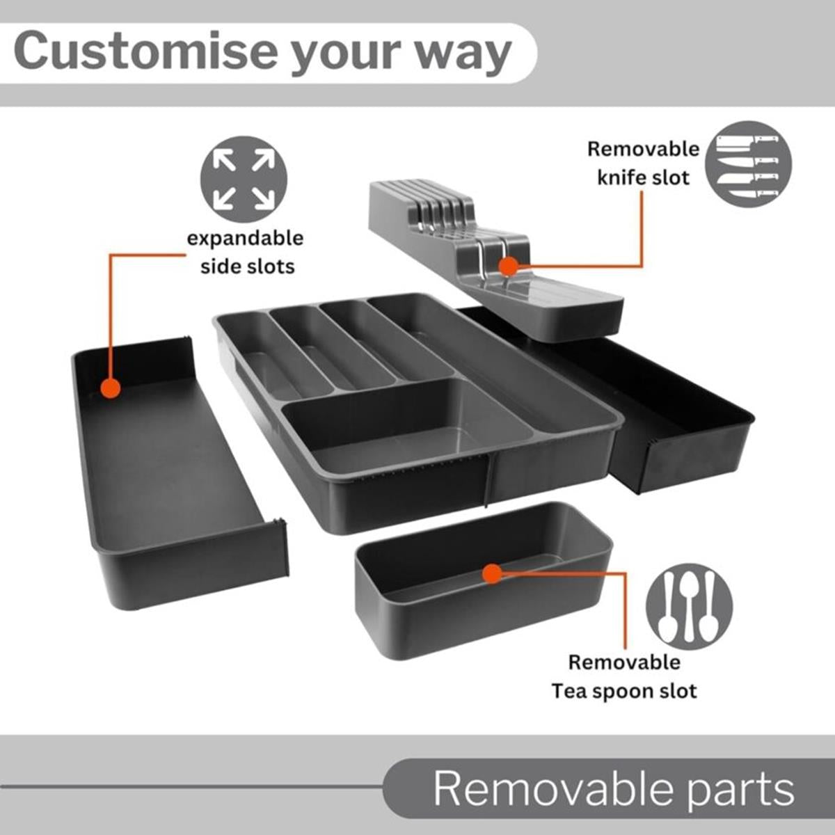 Grey kitchen organizer with removable parts and expandable slots to adjust to your space
