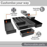 Grey kitchen organizer with removable parts and expandable slots to adjust to your space