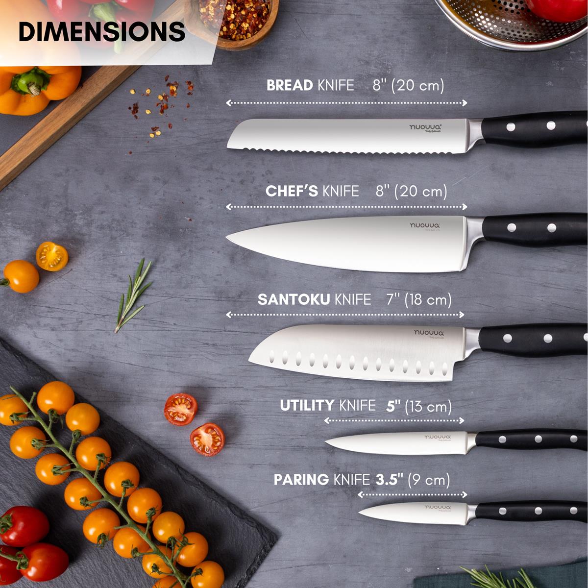 Nuovva set of 5 stainless steel kitchen knives includes a bread knife, chefs knife, santoku knife, utility knife and paring knife