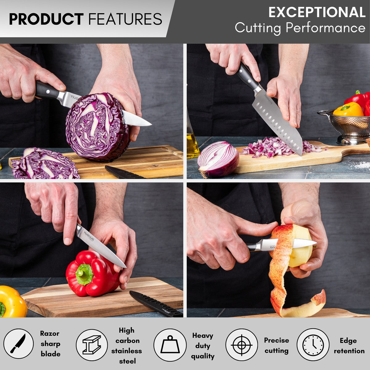 Nuovva razor sharp kitchen knife made with high carbon stainless steel for precise cutting and edge retention. 