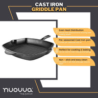Nuovva square cast iron griddle pan with even heat distribution and non-stick surface for easy cooking and baking.