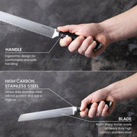 Nuovva high carbon stainless steel bread knife with razor sharp serrated blade and ergonomic handle. 