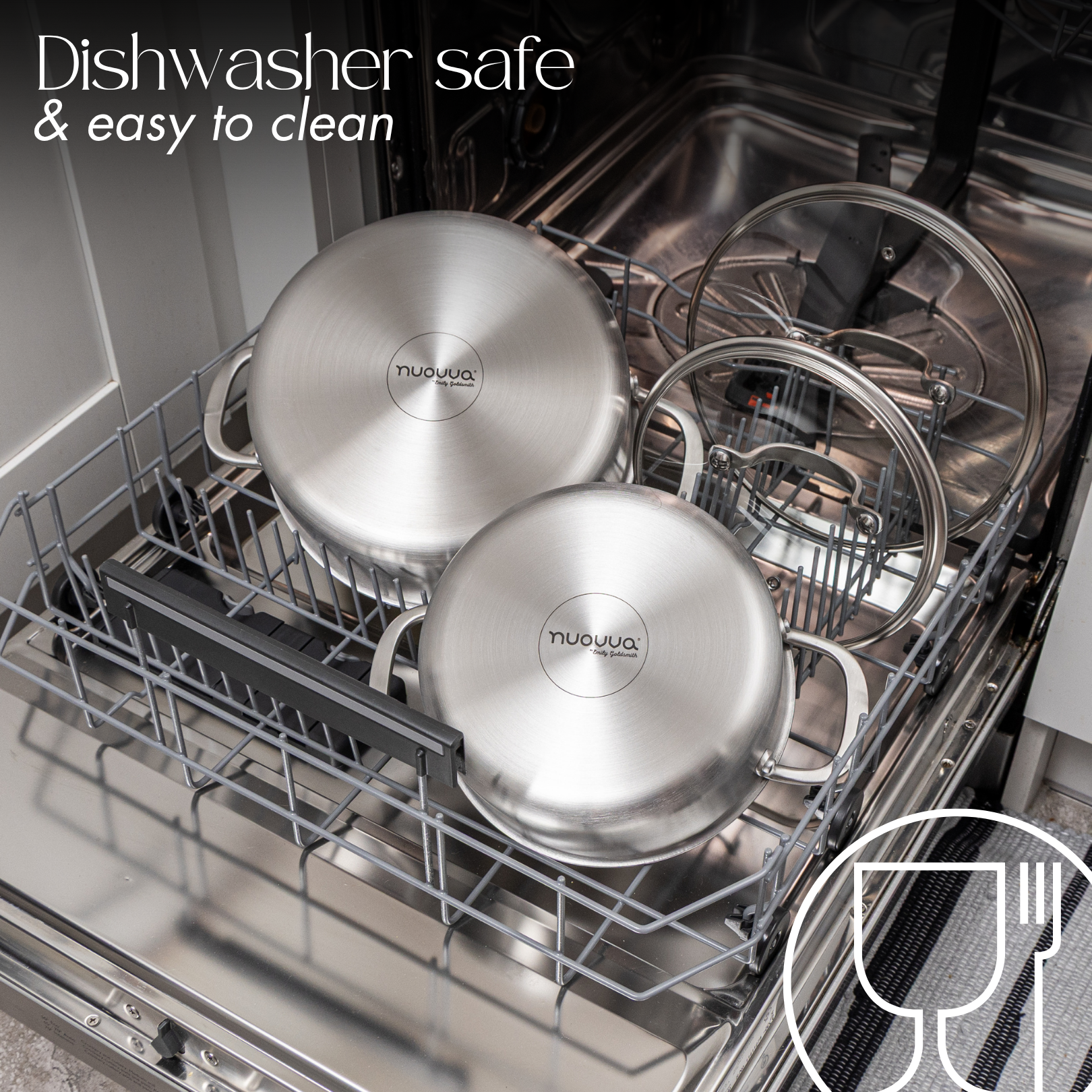 Stainless steel dishwasher-safe cookware with glass lids 