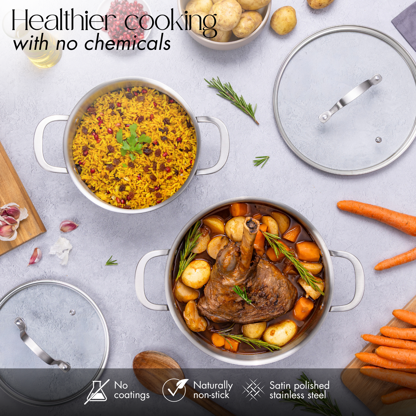 Stainless steel casserole pot with glass lids for healthy cooking. 