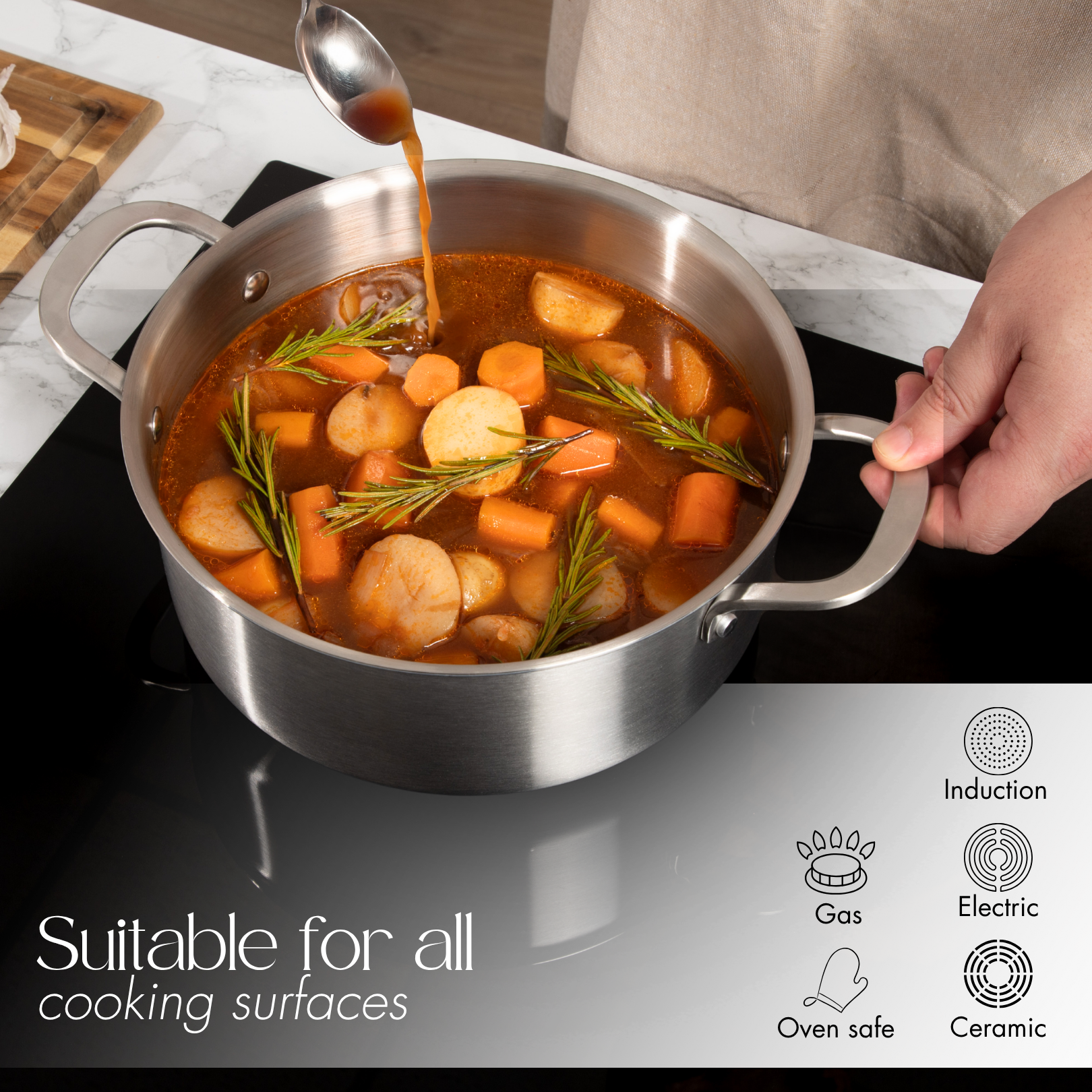 Oven-safe stainless steel casserole pot for induction cooking and all stovetops. 