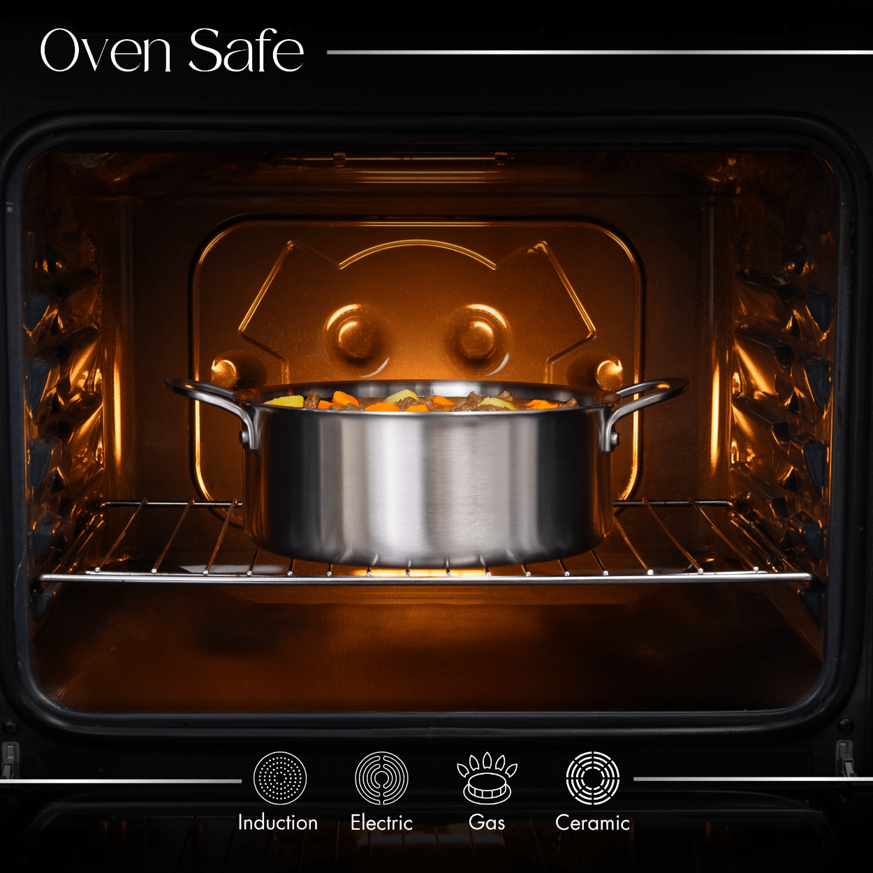 Stainless steel pot inside an oven with 'Oven Safe' text and cooking types below.
