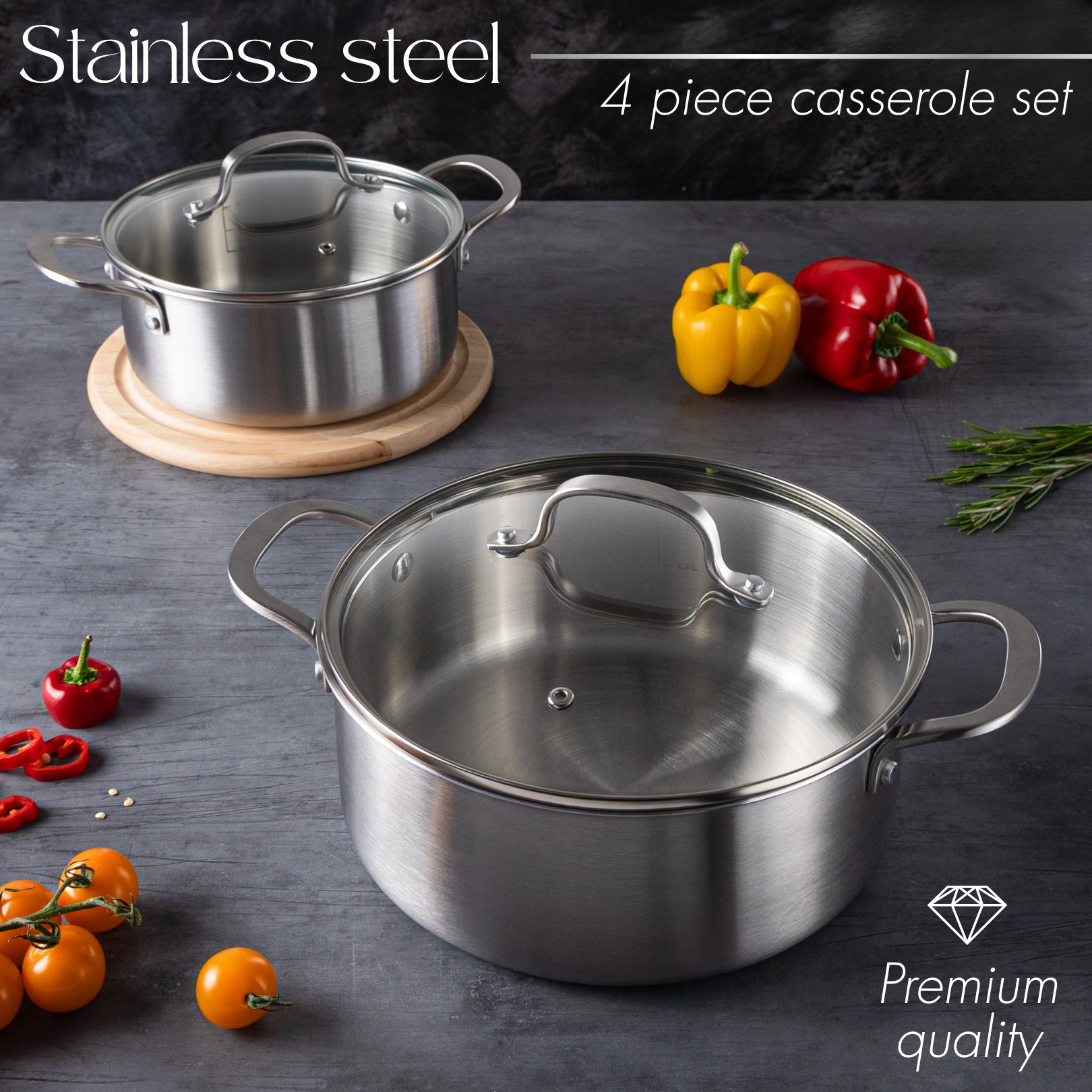 Premium quality stainless steel casserole cookware set with lids. 