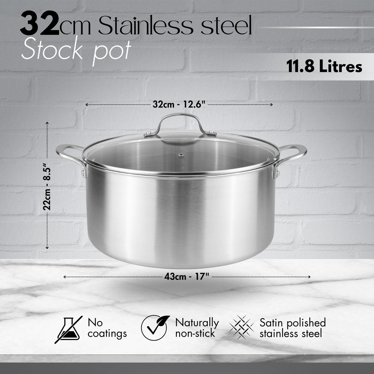 32cm stainless steel stockpot with 11.8L capacity, detailed measurements and features