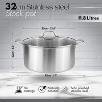 32cm stainless steel stockpot with 11.8L capacity, detailed measurements and features