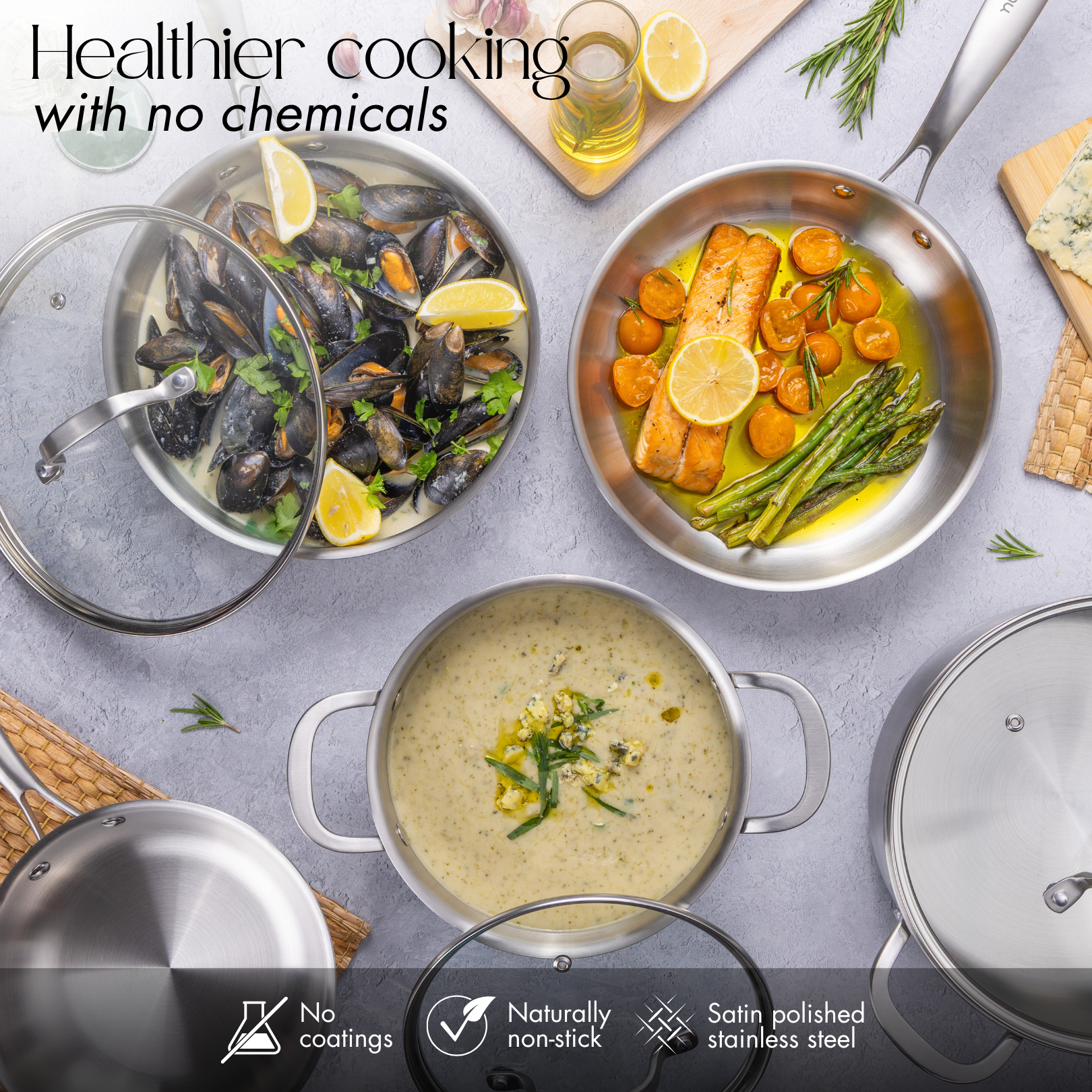 Cook healthier with stainless steel pots and pans with glass lids and a sating polished exterior. 