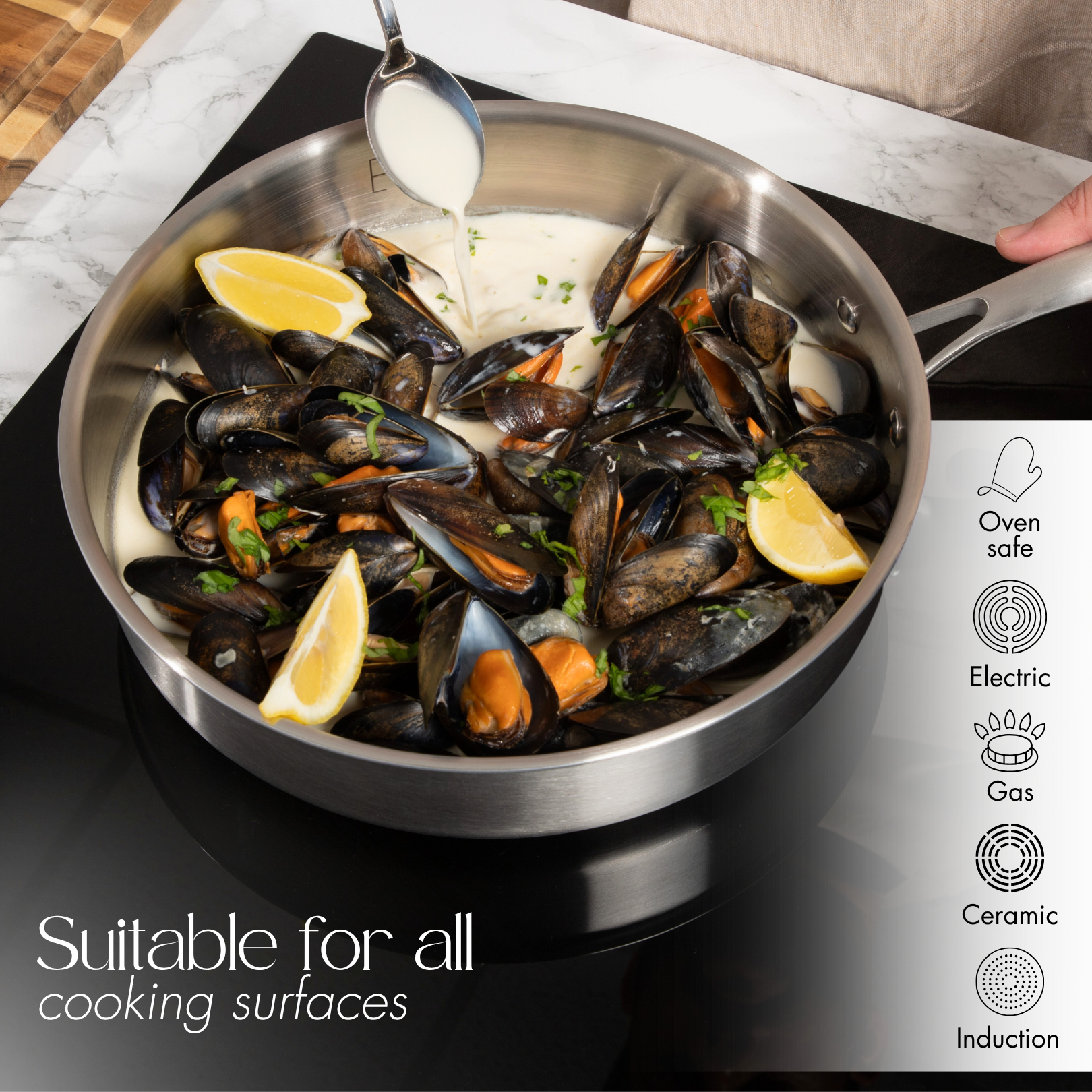 Oven safe stainless steel cookware for all cooking surfaces. 