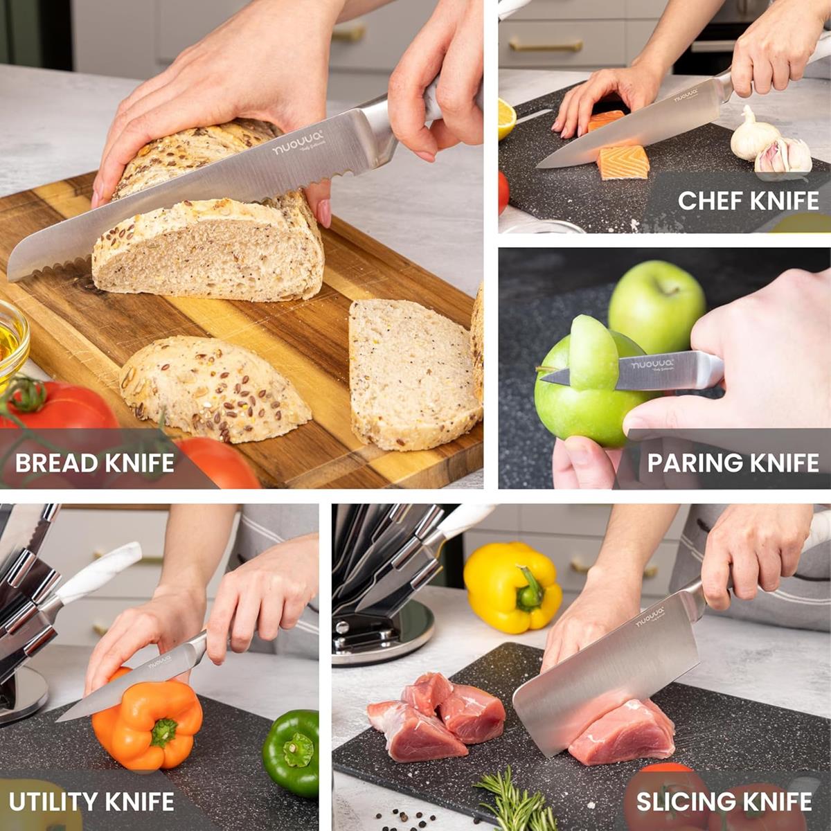 Stainless steel kitchen knife set includes bread knife, chef knife, paring knife, utility knife and slicing knife for kitchen needs. 