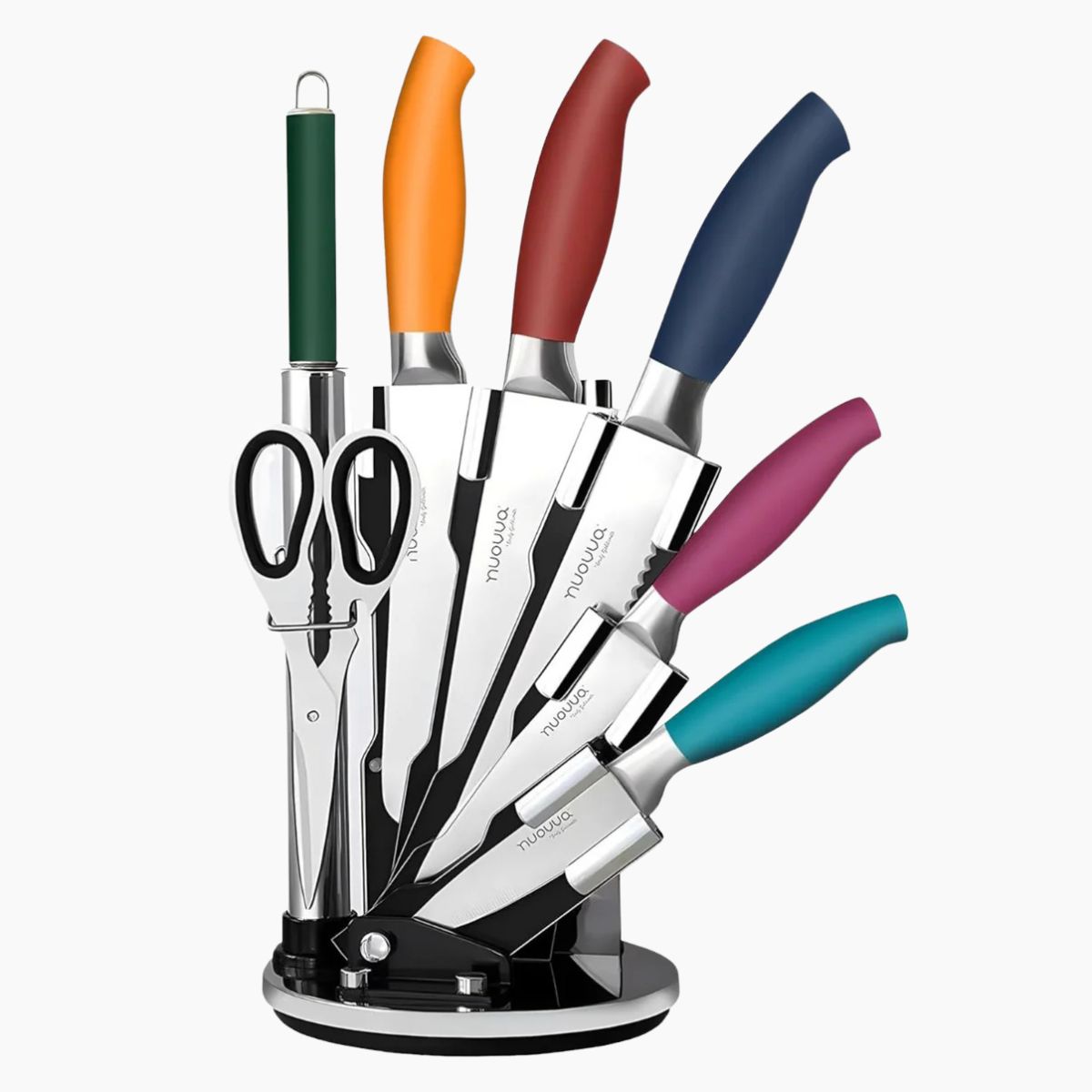Mutlitcolour stainless steel knife set with rotating block including knife sharpener, cooking scissors and kitchen knives. 