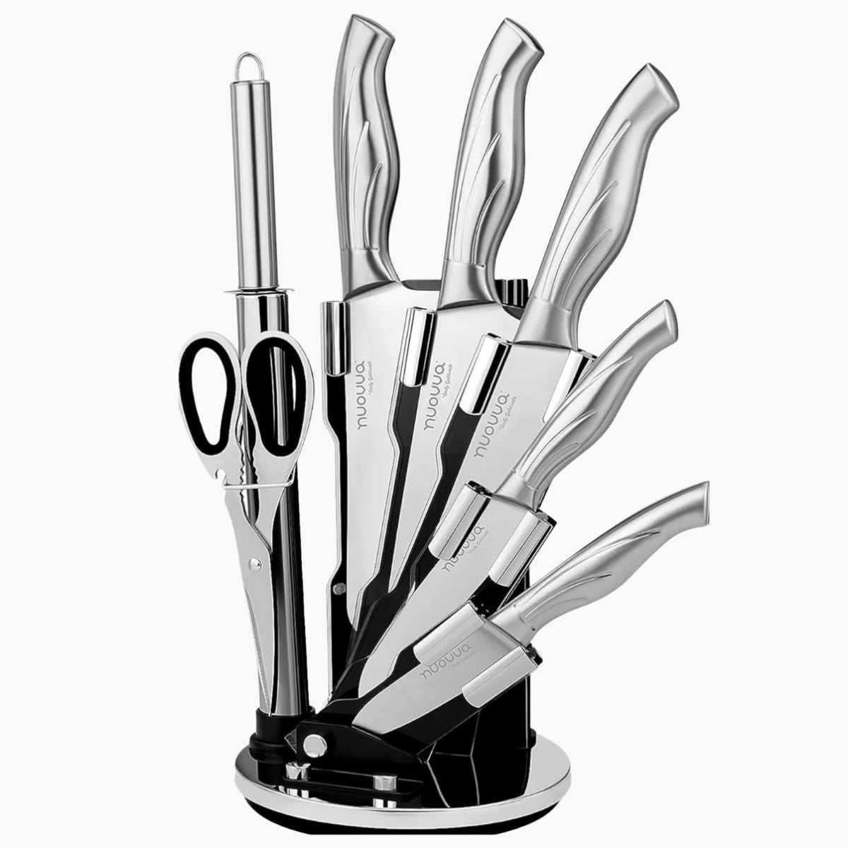 Nuovva stainless steel kitchen knife set with rotating block, knife sharpener and scissors.