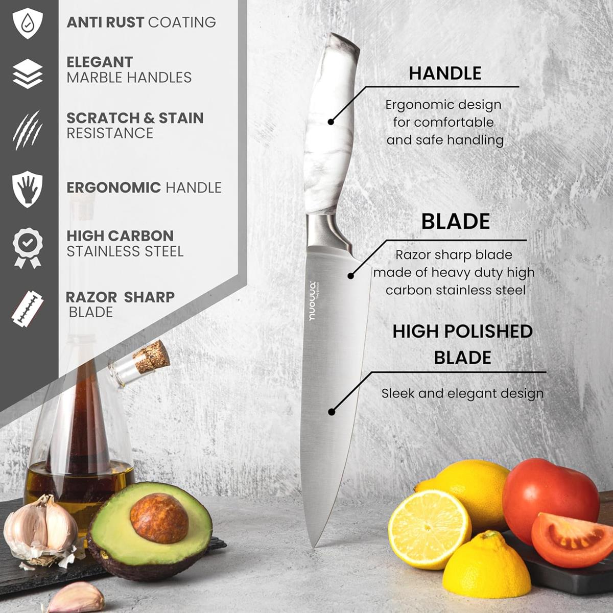 Stainless steel kitchen knife with ergonomic handle, razor sharp blade and scratch & stain resistance. 