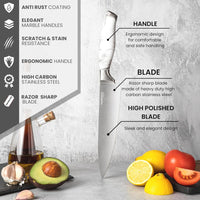Stainless steel kitchen knife with ergonomic handle, razor sharp blade and scratch & stain resistance. 