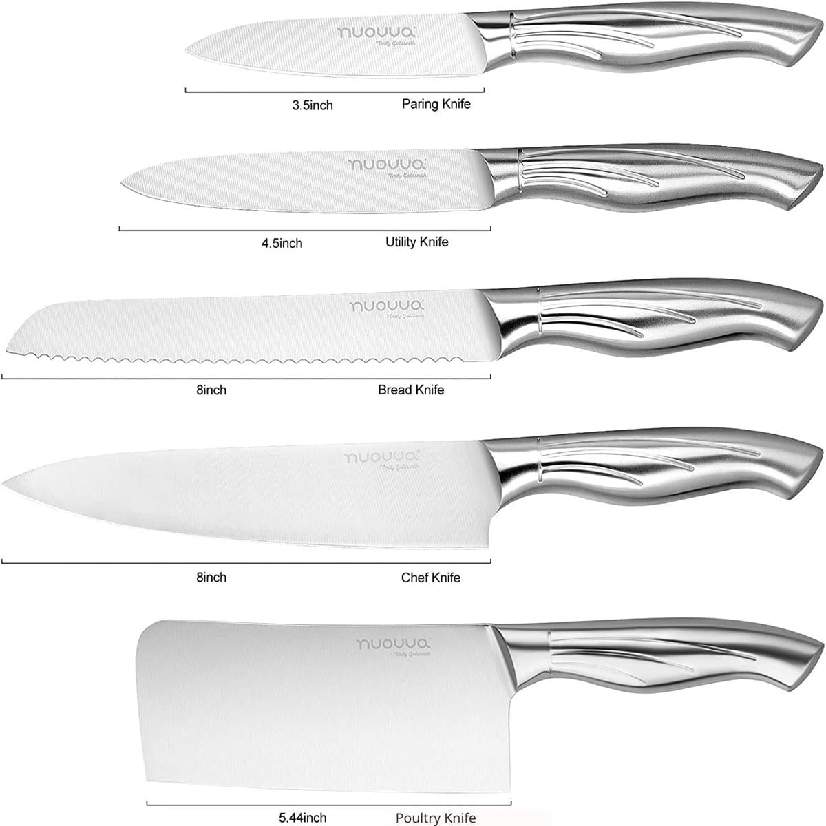 Set of stainless steel kitchen knives includes paring knife, utility knife, bread knife, chef knife and poultry knife. 
