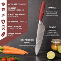 Stainless steel kitchen knife with coloured handle and high carbon stainless steel blade, with anti rust coating. 