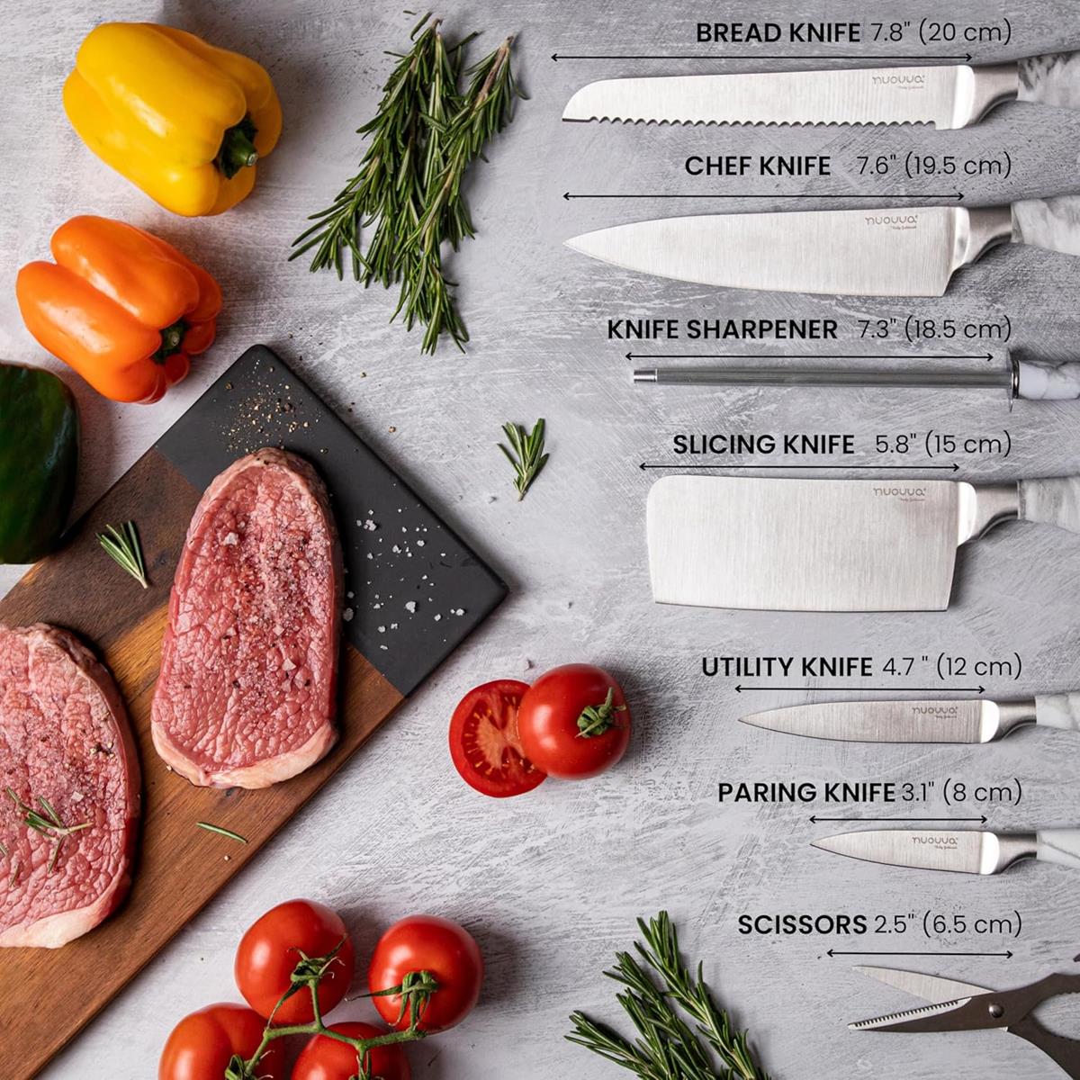 Stainless steel kitchen knife set includes bread knife, chef knife, knife sharpener, slicing knife, utility knife, paring knife and scissors. 