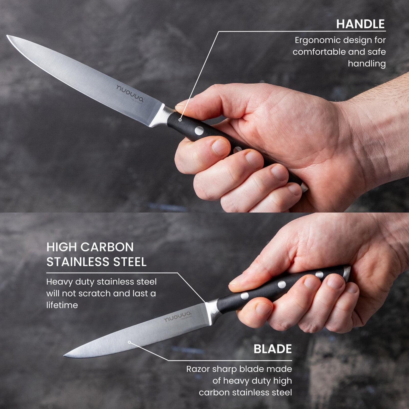 High carbon stainless steel kitchen knife with ergonomic handle and razor sharp blade. 