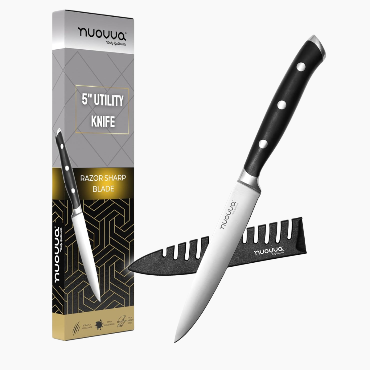 5-inch utility knife with sheath, razor sharp blade and ergonomic blade. 