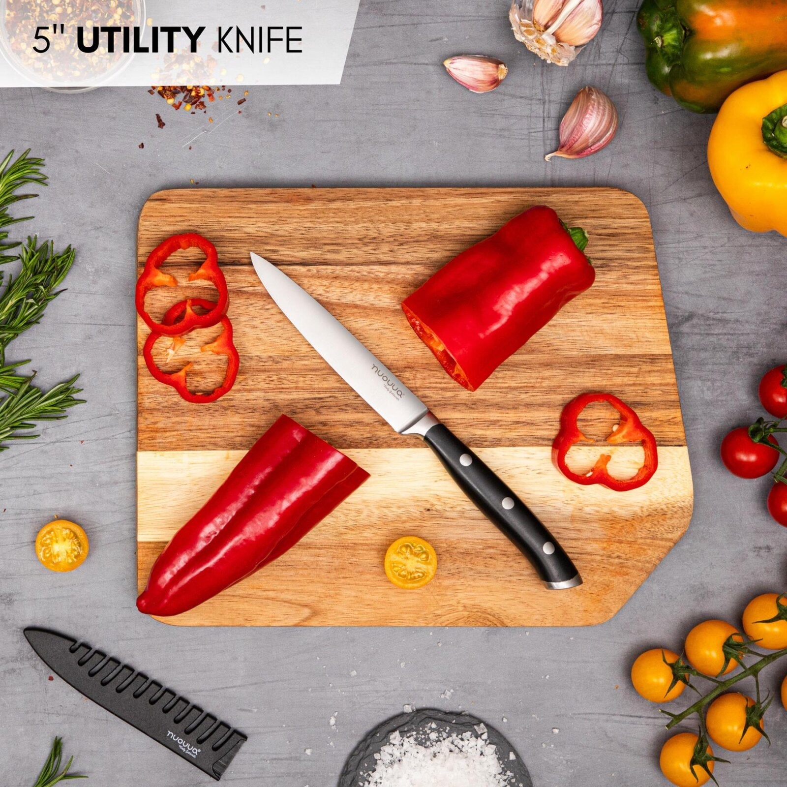 Stainless steel kitchen utility knife with protective sheath and razor sharp blade. 