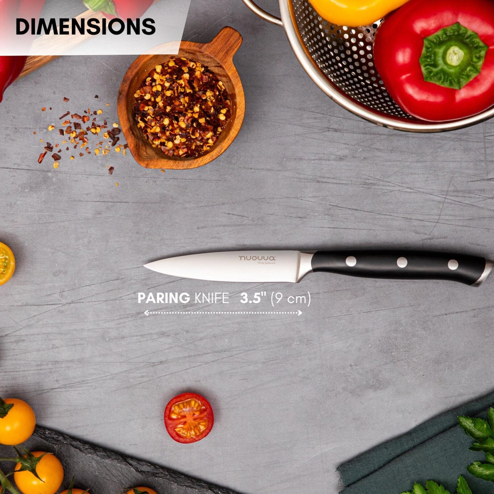 Nuovva stainless steel paring knife with 3.5inch blade and ergonomic handle. 
