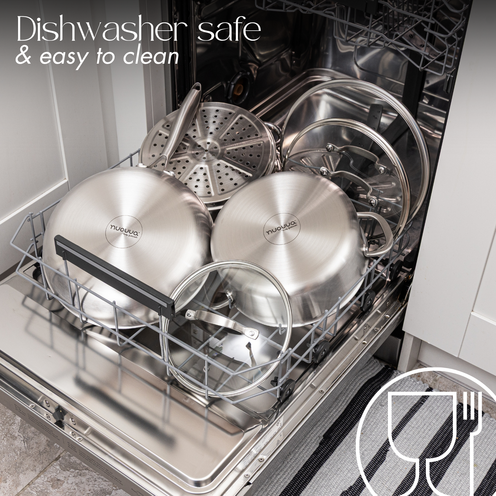Nuovva stainless steel cookware set, dishwasher safe and easy to clean. 
