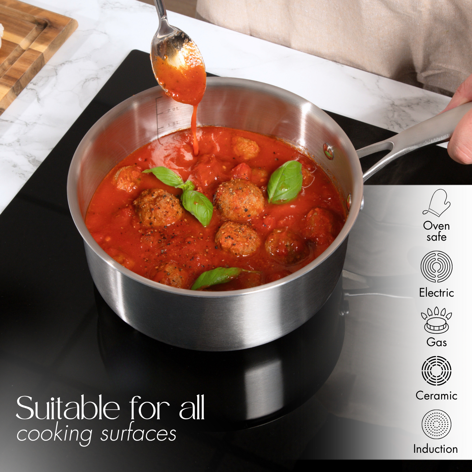 Oven safe saucepan for induction and all cooking surfaces. 