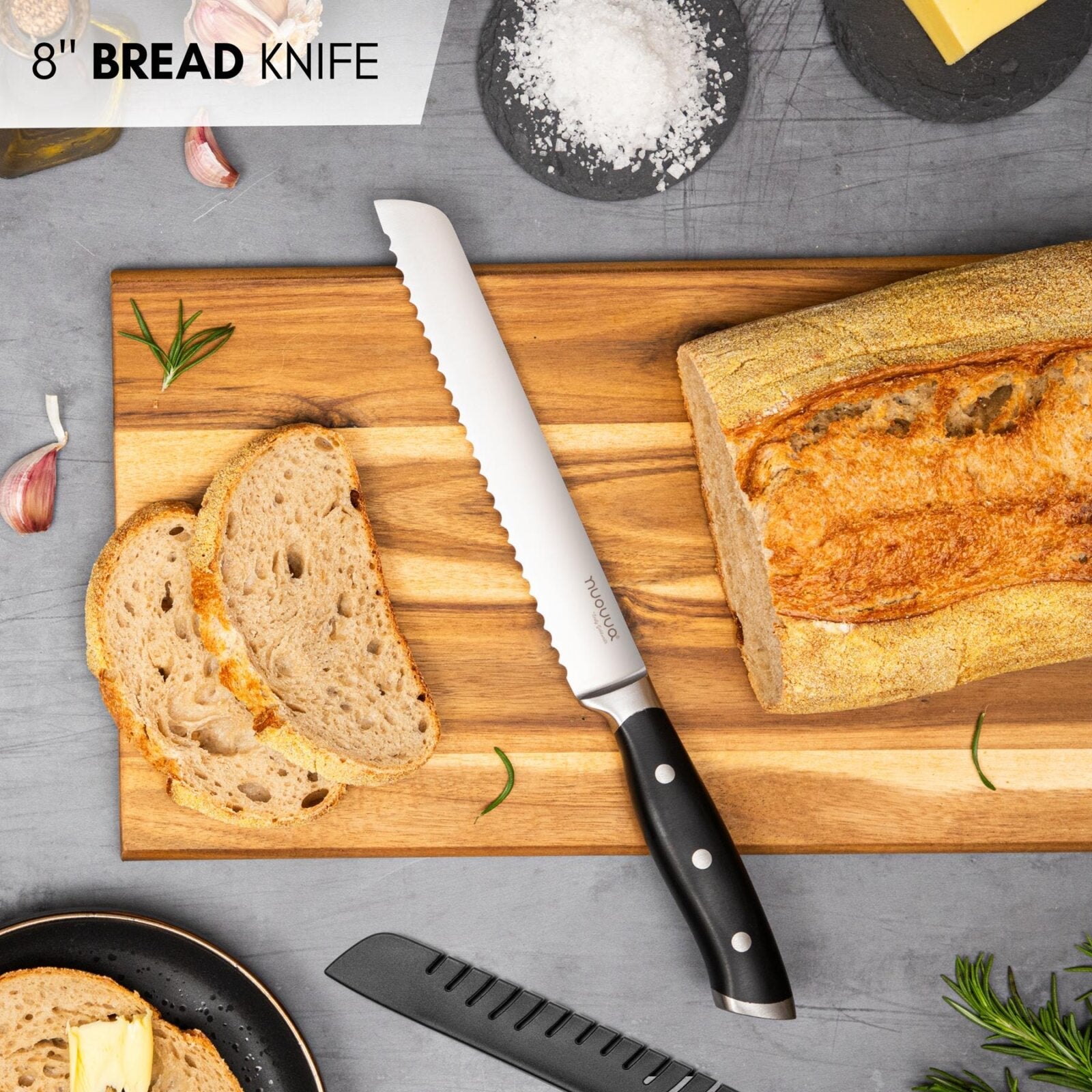 8inch stainless steel bread knife with protective sheath and ergonomic handle. 