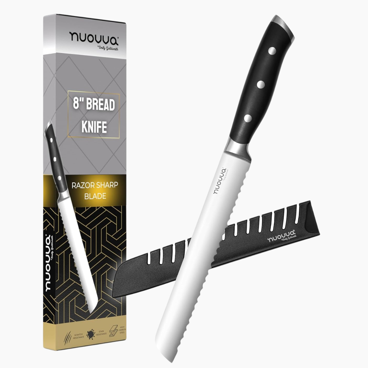 Stainless steel 8-inch bread knife with sheath and razor sharp blade